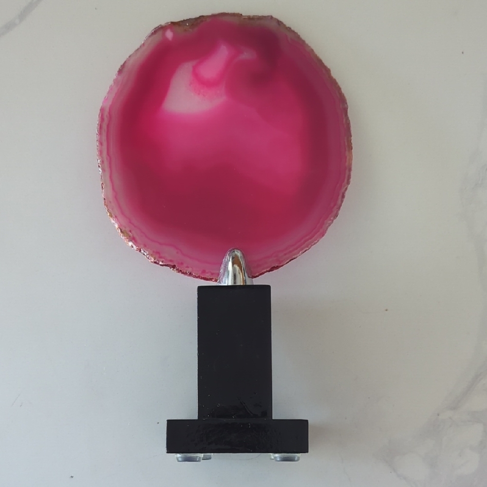 Pink Agate Slice On Wooden Stand